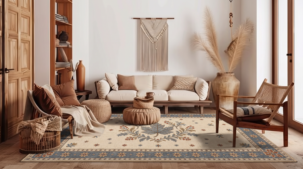 Sage Maple Leaf Folk Rug, hand-tufted wool rug, view 4 by Rugkey