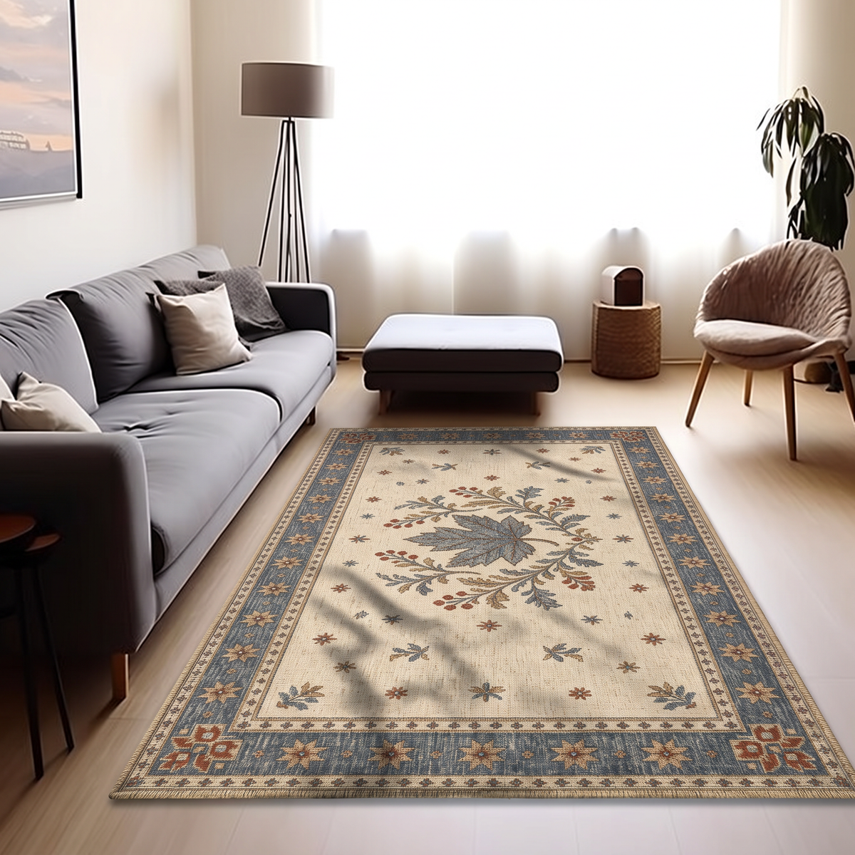 Sage Maple Leaf Folk Rug, hand-tufted wool rug, view 2 by Rugkey