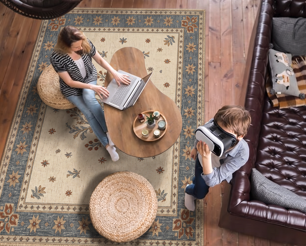 Sage Maple Leaf Folk Rug, hand-tufted wool rug, view 6 by Rugkey