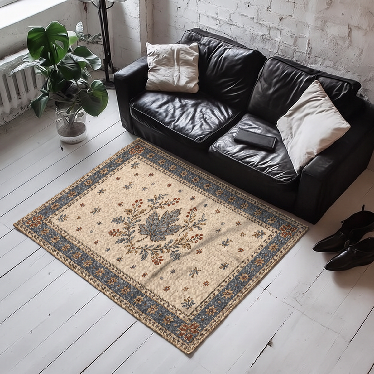 Cream hand-tufted wool rug with a central sage maple leaf spray and a soft blue folk floral border
