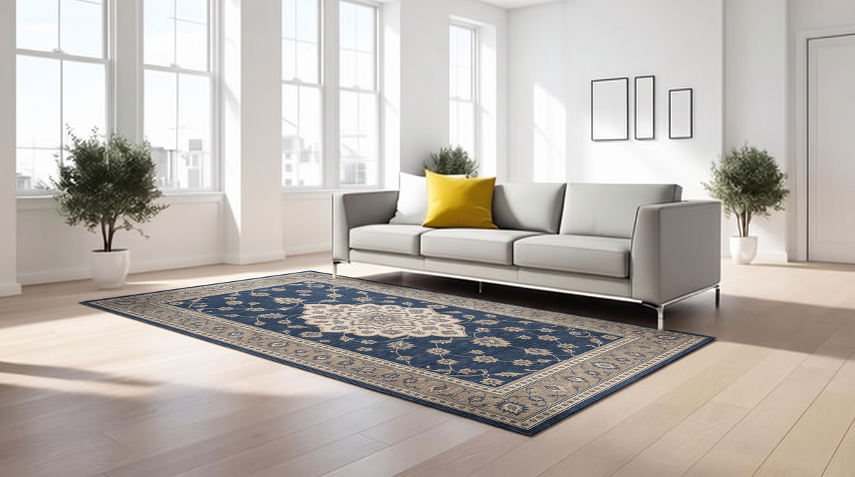 Navy Taupe Floral Medallion Rug, hand-tufted wool rug, view 6 by Rugkey