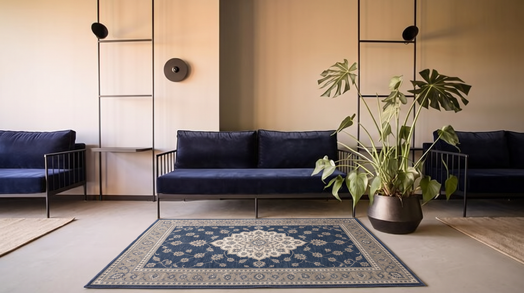 Navy Taupe Floral Medallion Rug, hand-tufted wool rug, view 5 by Rugkey