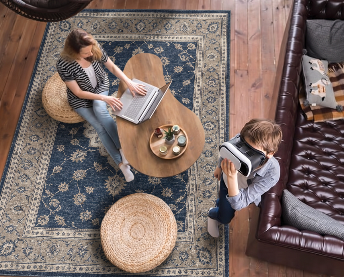 Navy Taupe Floral Medallion Rug, hand-tufted wool rug, view 2 by Rugkey