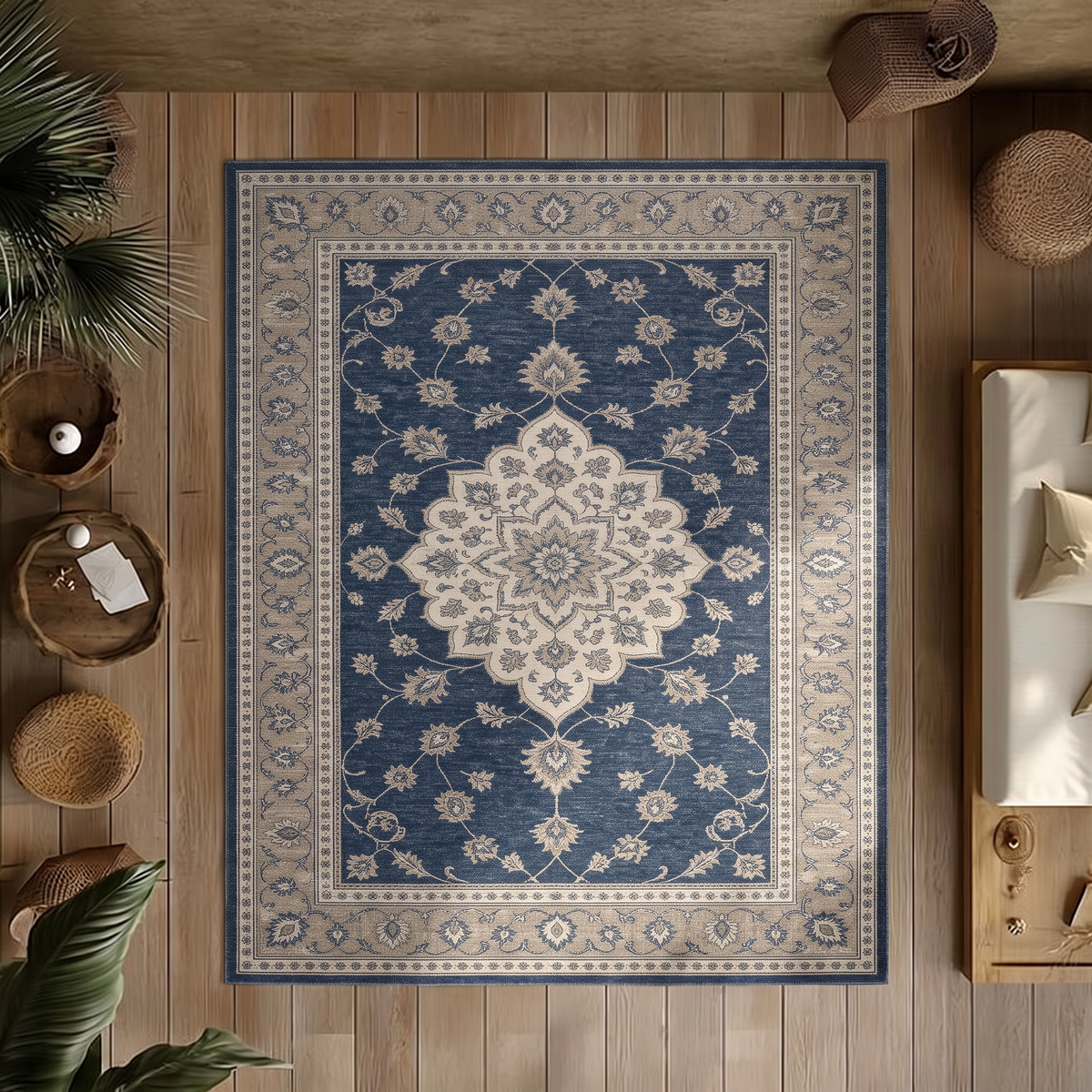 Navy hand-tufted wool rug with a large ivory and taupe floral medallion and a taupe border