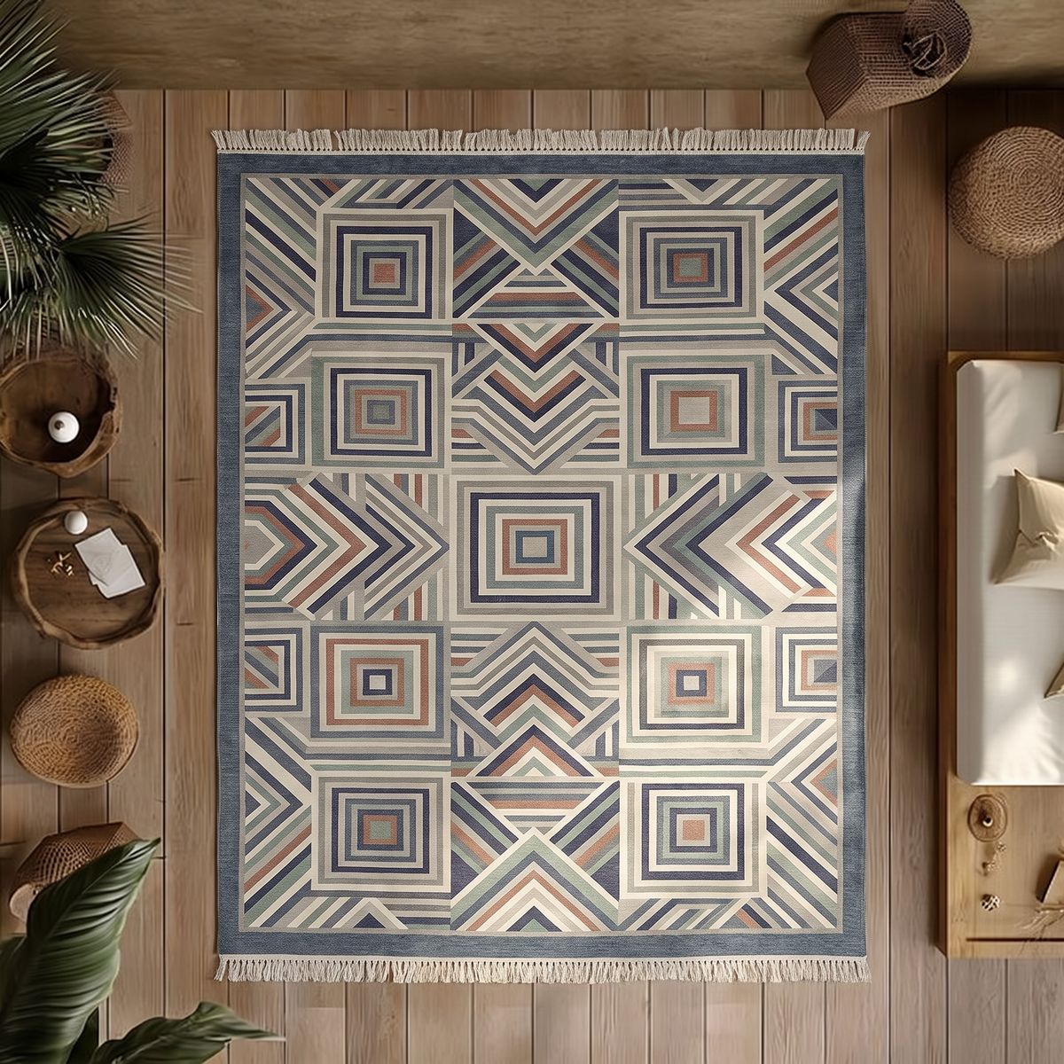 Slate-bordered hand-tufted wool rug with concentric squares and chevrons in slate blue, sage, rust and ivory, overhead view in a living room