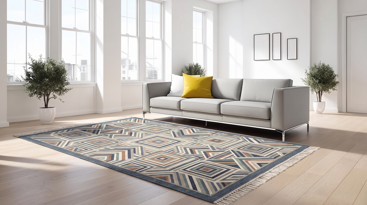 Slate-bordered hand-tufted wool rug with concentric squares and chevrons in slate blue, sage, rust and ivory, in a bright living room with a grey sofa