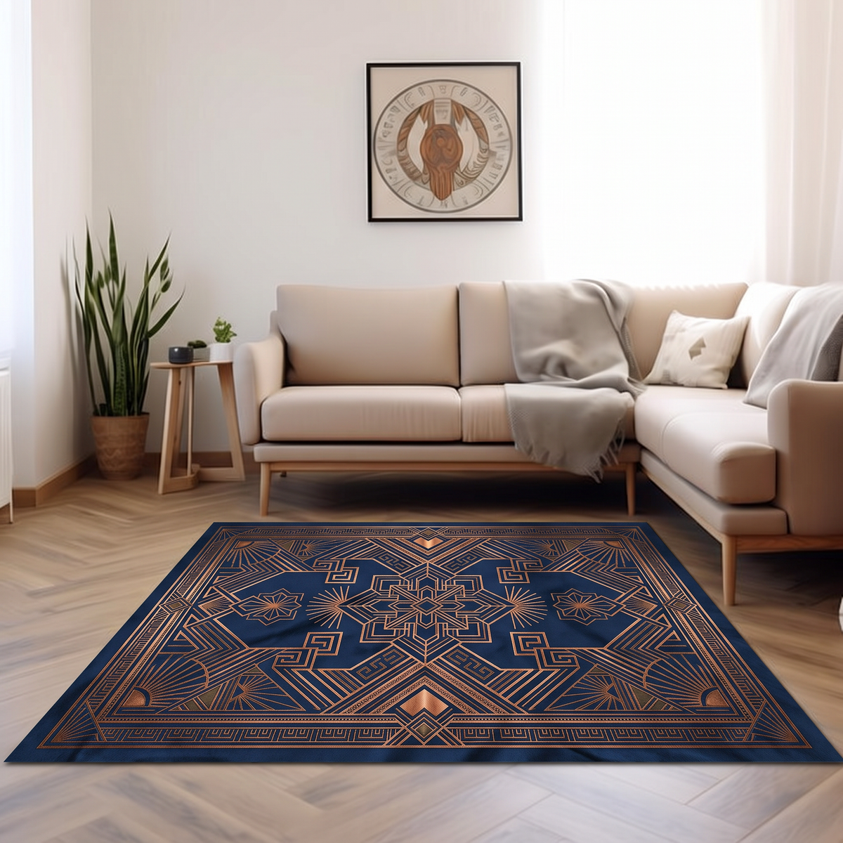 Navy hand-tufted wool rug with a copper Art Deco medallion, sunburst fans and a Greek-key border, in a living room with a beige sofa