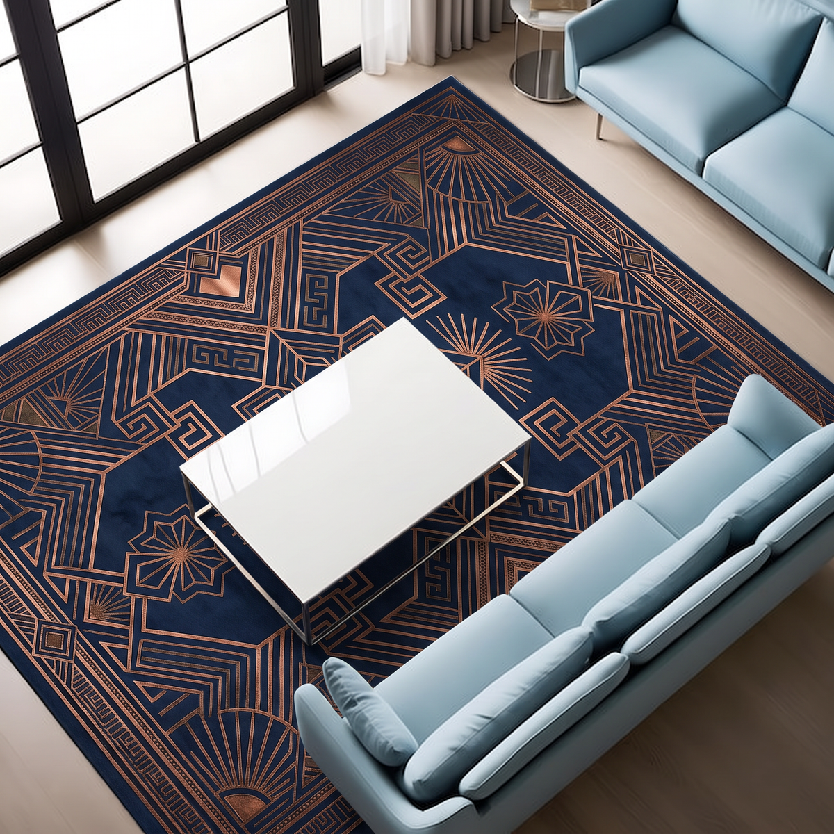 Navy hand-tufted wool rug with a copper Art Deco medallion, sunburst fans and a Greek-key border, overhead view with a light blue sofa and white coffee table