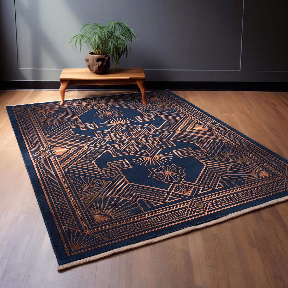 Navy hand-tufted wool rug with a copper Art Deco medallion, sunburst fans and a Greek-key border, angled view on a wooden floor