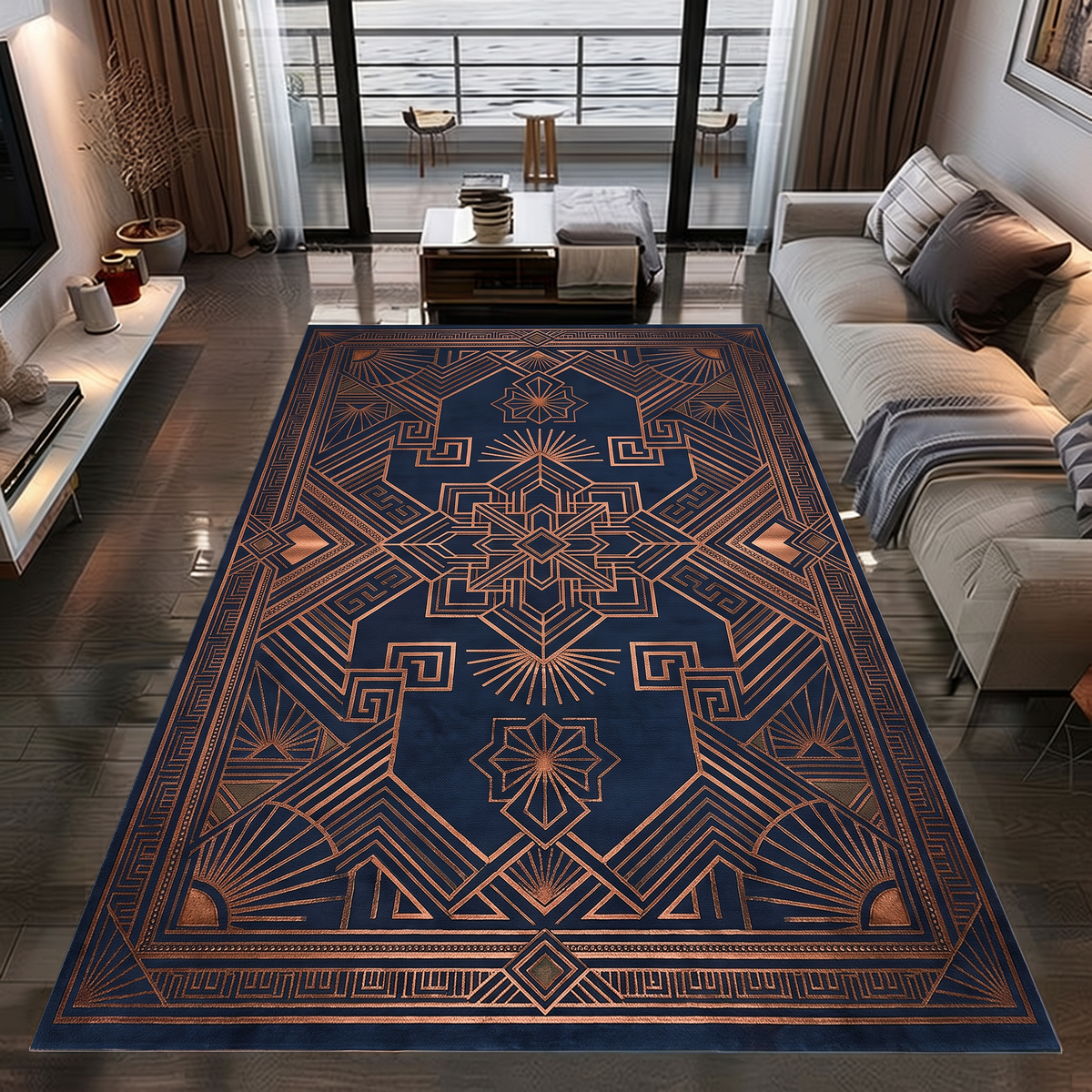 Navy hand-tufted wool rug with a copper Art Deco medallion, sunburst fans and a Greek-key border, in a living room by a window and sofa