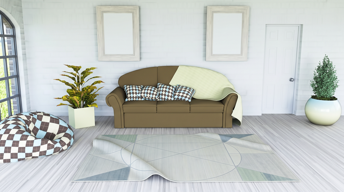 Ivory Sage Oval Geometry Rug, hand-tufted wool with fine grey oval geometry on ivory and sage and dusty blue corner accents, pile close-up