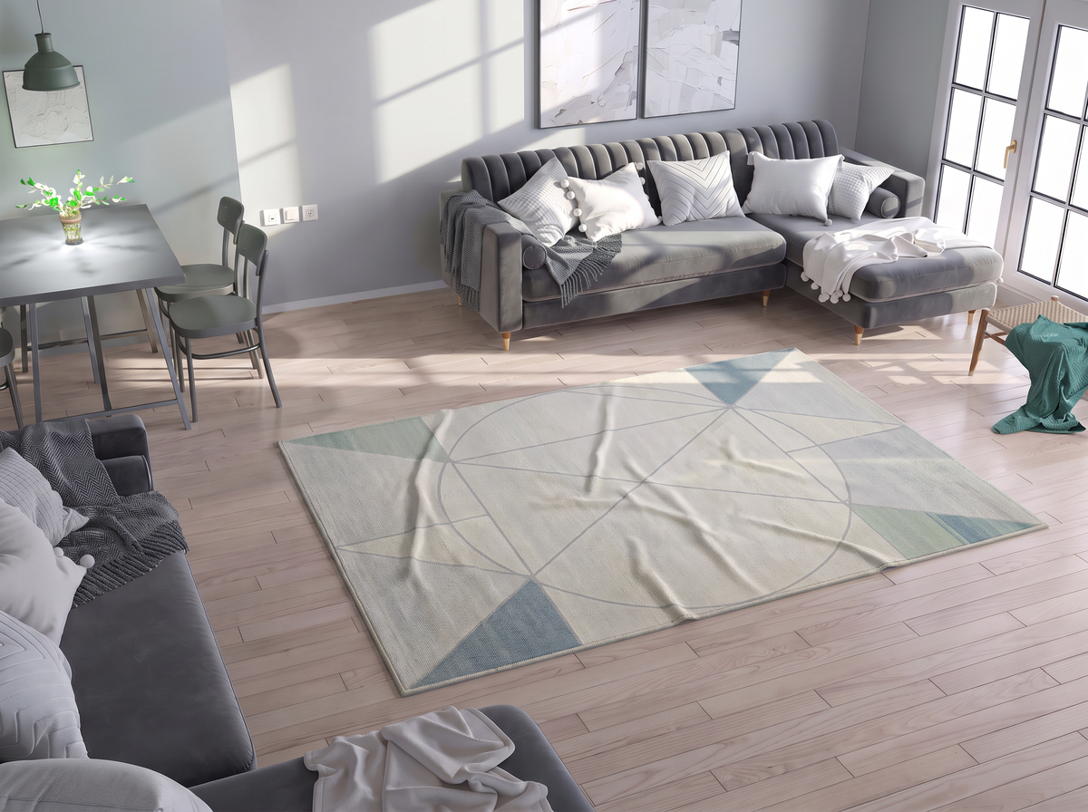 Ivory Sage Oval Geometry Rug, hand-tufted wool with fine grey oval geometry on ivory and sage and dusty blue corner accents, alternate view