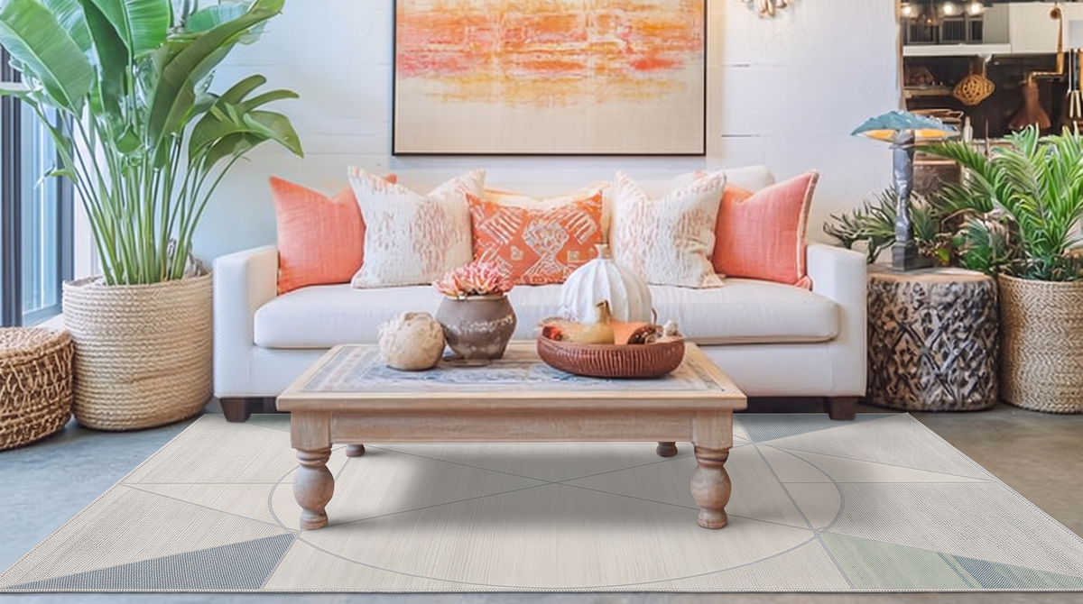 Ivory Sage Oval Geometry Rug, hand-tufted wool with fine grey oval geometry on ivory and sage and dusty blue corner accents, second room view