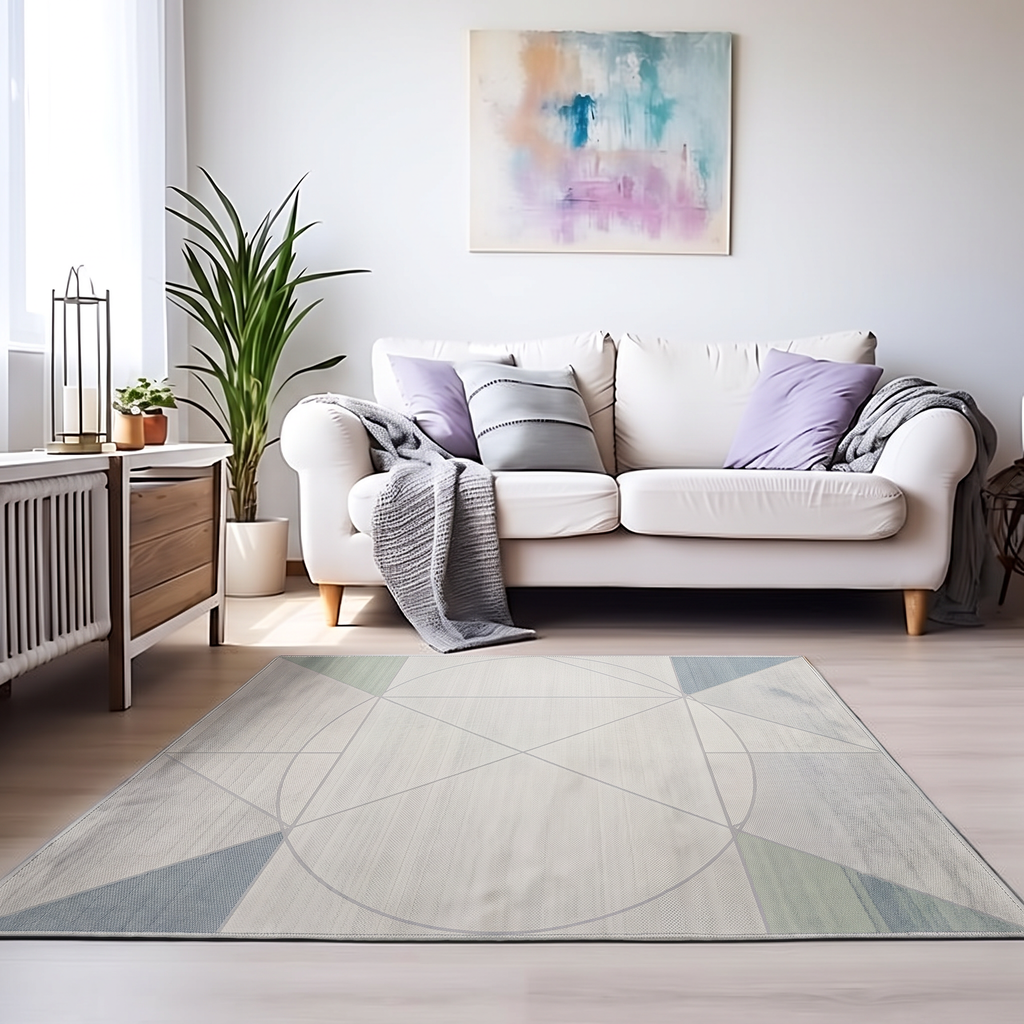 Ivory Sage Oval Geometry Rug, hand-tufted wool with fine grey oval geometry on ivory and sage and dusty blue corner accents, detail view