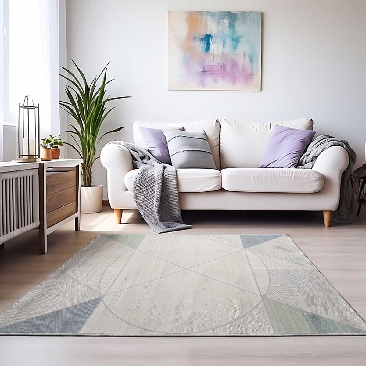 Ivory Sage Oval Geometry Rug, hand-tufted wool with fine grey oval geometry on ivory and sage and dusty blue corner accents, detail view