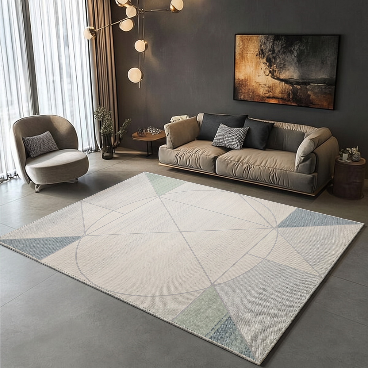 Ivory Sage Oval Geometry Rug, hand-tufted wool with fine grey oval geometry on ivory and sage and dusty blue corner accents