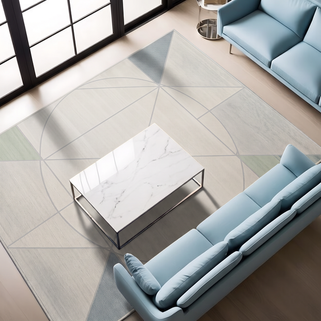 Ivory Sage Oval Geometry Rug, hand-tufted wool with fine grey oval geometry on ivory and sage and dusty blue corner accents, shown in a styled room