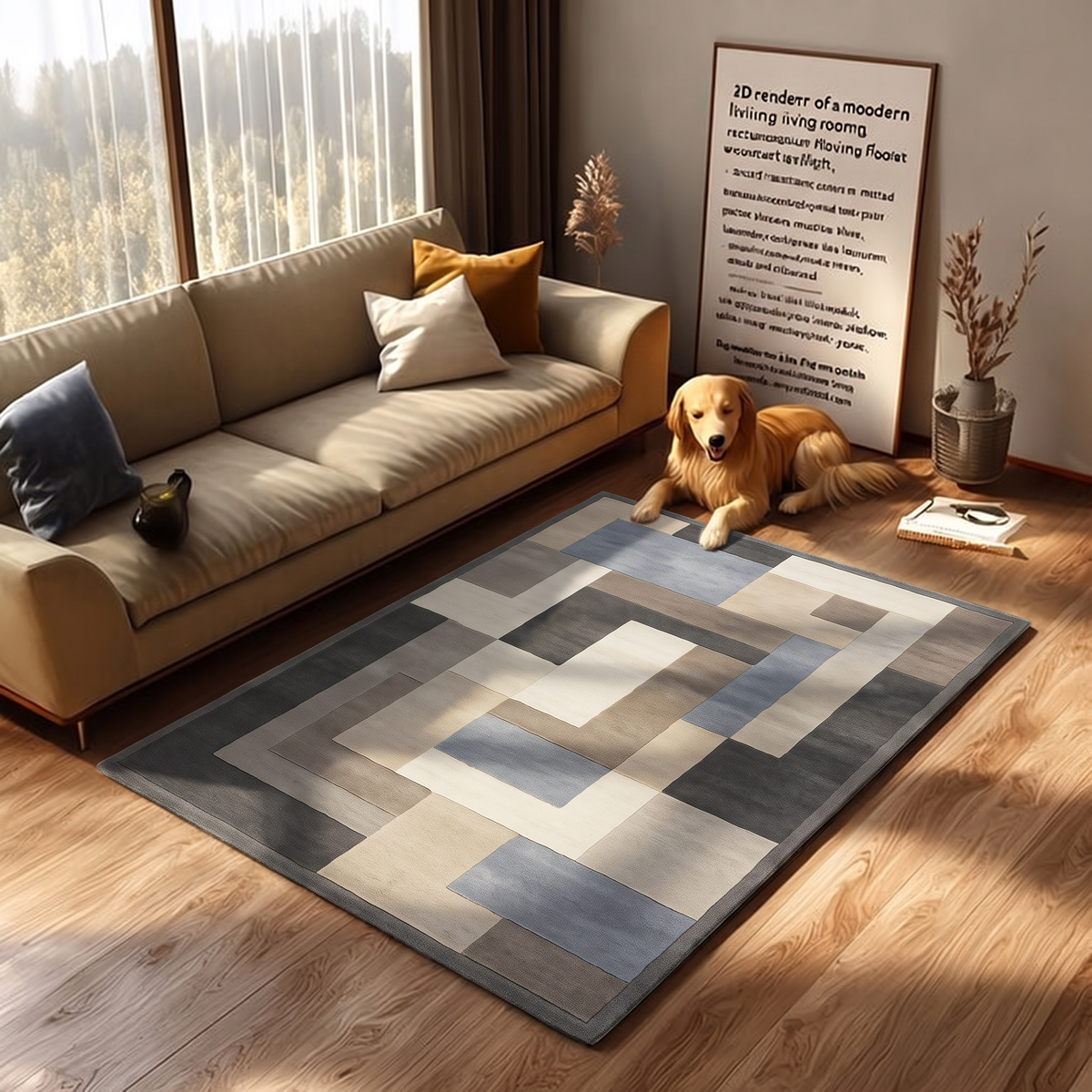 Charcoal Slate Block Mosaic Rug, hand-tufted wool with interlocking charcoal, taupe, sand, ivory and slate blue blocks, detail view