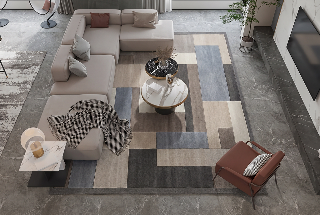 Charcoal Slate Block Mosaic Rug, hand-tufted wool with interlocking charcoal, taupe, sand, ivory and slate blue blocks, second room view
