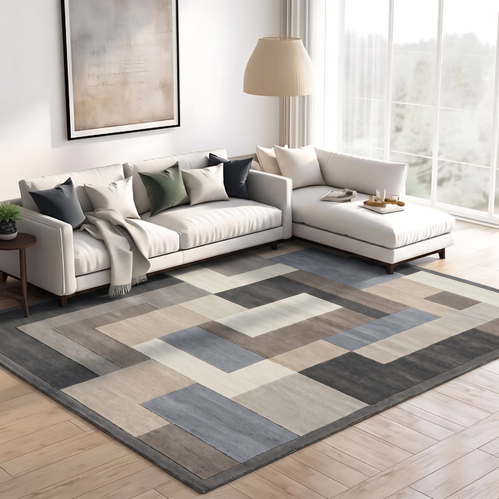 Charcoal Slate Block Mosaic Rug, hand-tufted wool with interlocking charcoal, taupe, sand, ivory and slate blue blocks, shown in a styled room