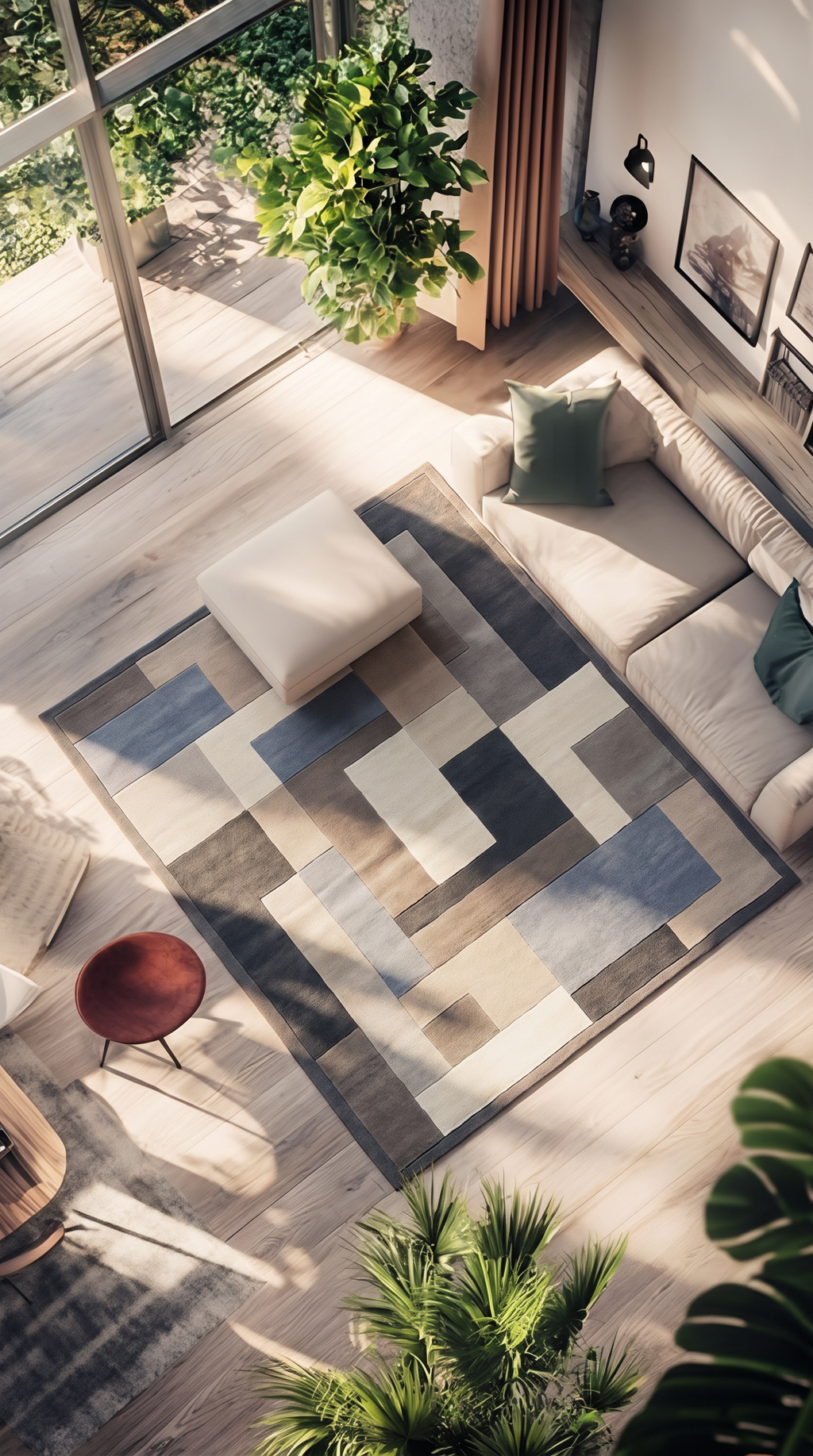 Charcoal Slate Block Mosaic Rug, hand-tufted wool with interlocking charcoal, taupe, sand, ivory and slate blue blocks