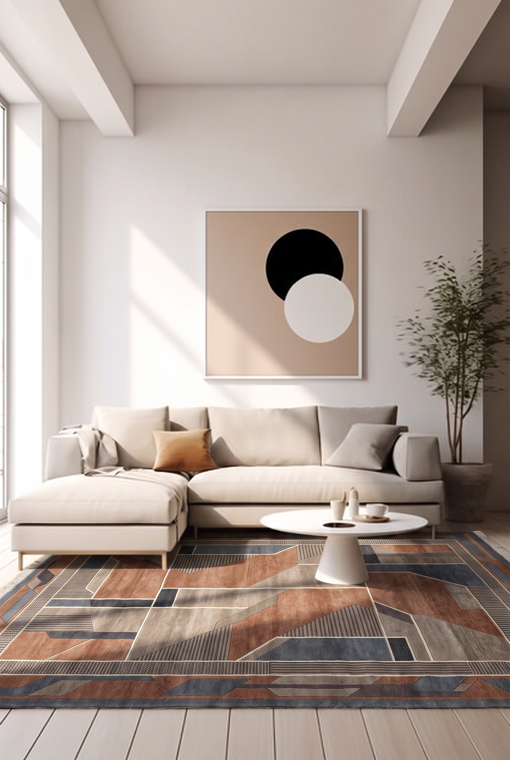 Rust Slate Deco Panel Rug, hand-knotted Indo-Nepali wool with angular Art Deco panels in rust, taupe, slate blue and charcoal, detail view