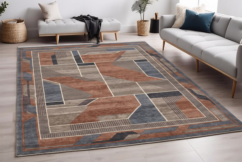 Rust Slate Deco Panel Rug, hand-knotted Indo-Nepali wool with angular Art Deco panels in rust, taupe, slate blue and charcoal, shown in a styled room