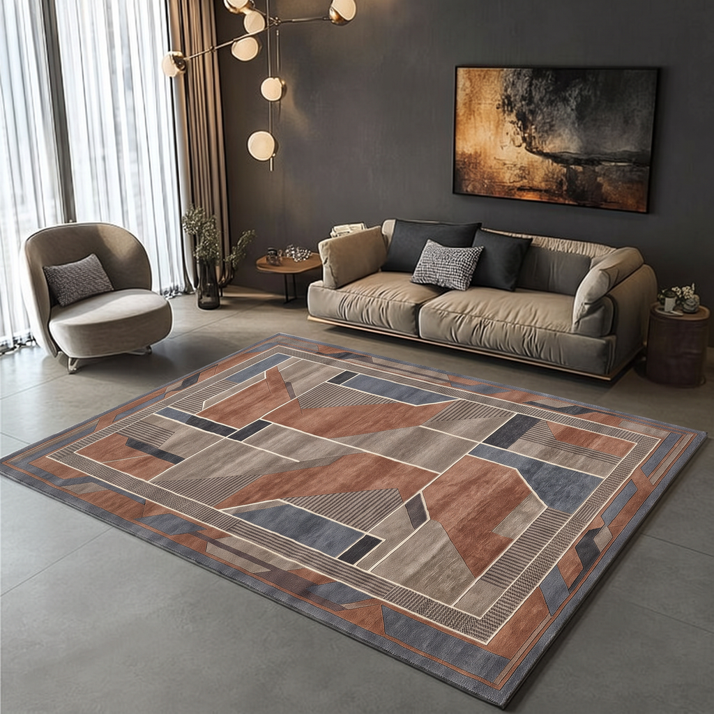 Rust Slate Deco Panel Rug, hand-knotted Indo-Nepali wool with angular Art Deco panels in rust, taupe, slate blue and charcoal, pile close-up