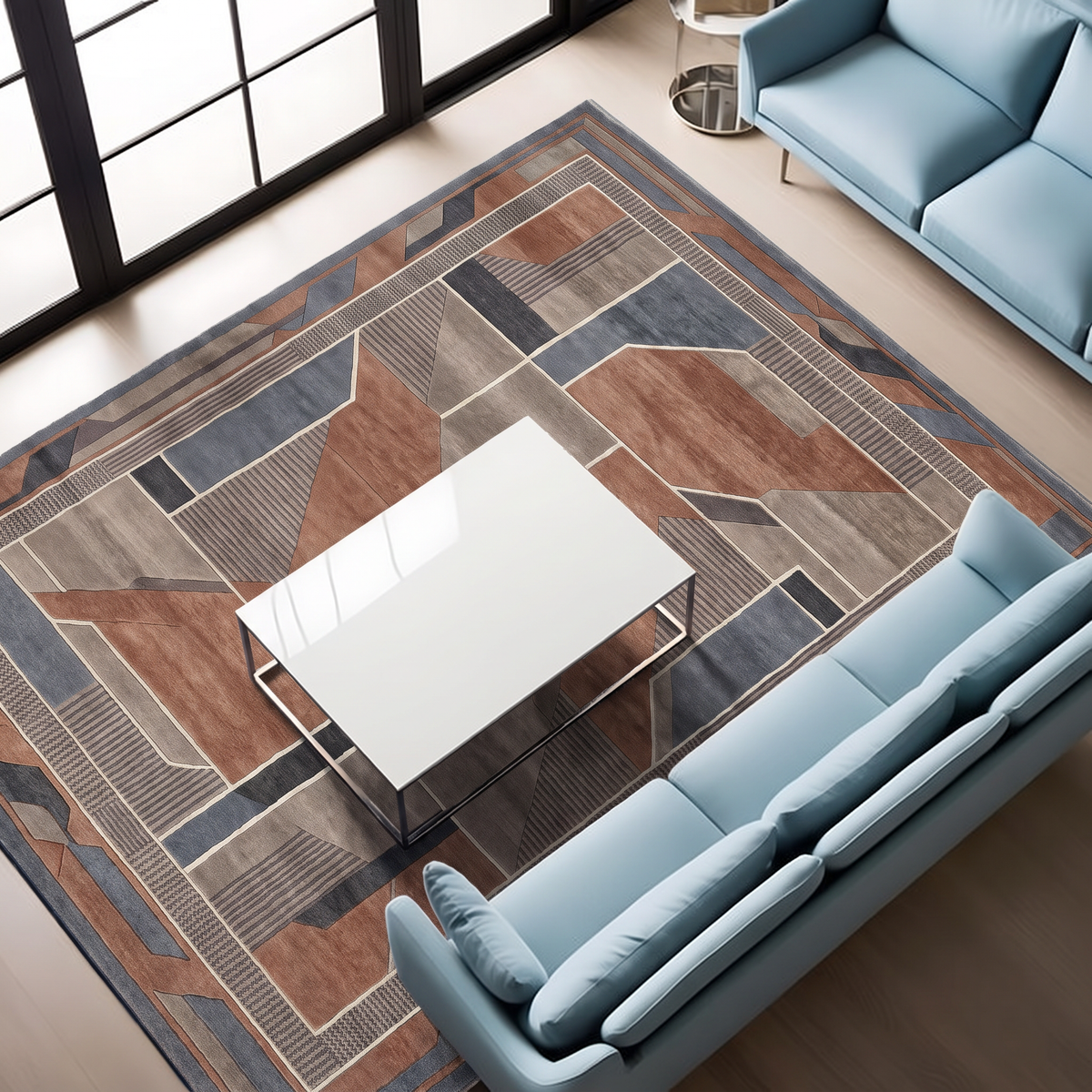 Rust Slate Deco Panel Rug, hand-knotted Indo-Nepali wool with angular Art Deco panels in rust, taupe, slate blue and charcoal, second room view