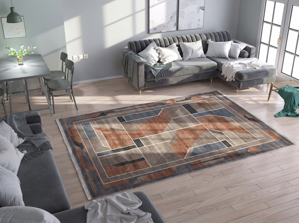 Rust Slate Deco Panel Rug, hand-knotted Indo-Nepali wool with angular Art Deco panels in rust, taupe, slate blue and charcoal