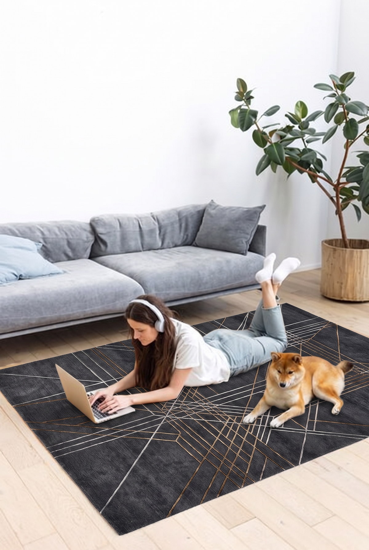 Charcoal Bronze Linear Web Rug, hand-knotted Indo-Nepali wool with fine silver-grey and bronze line geometry on a deep charcoal field, second room view