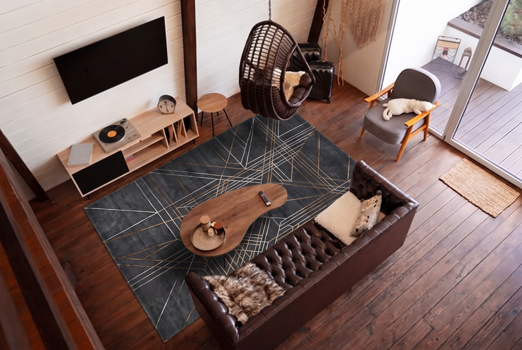 Charcoal Bronze Linear Web Rug, hand-knotted Indo-Nepali wool with fine silver-grey and bronze line geometry on a deep charcoal field, pile close-up