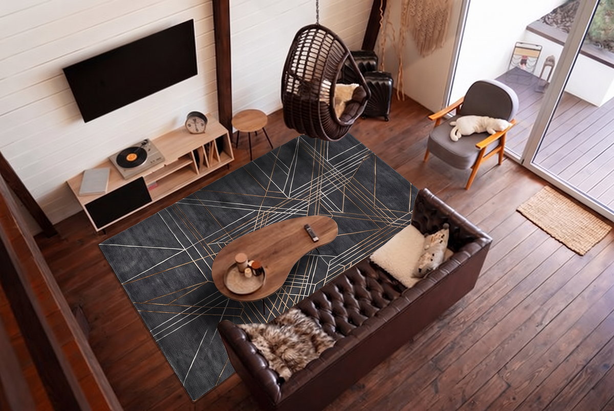 Charcoal Bronze Linear Web Rug, hand-knotted Indo-Nepali wool with fine silver-grey and bronze line geometry on a deep charcoal field, pile close-up