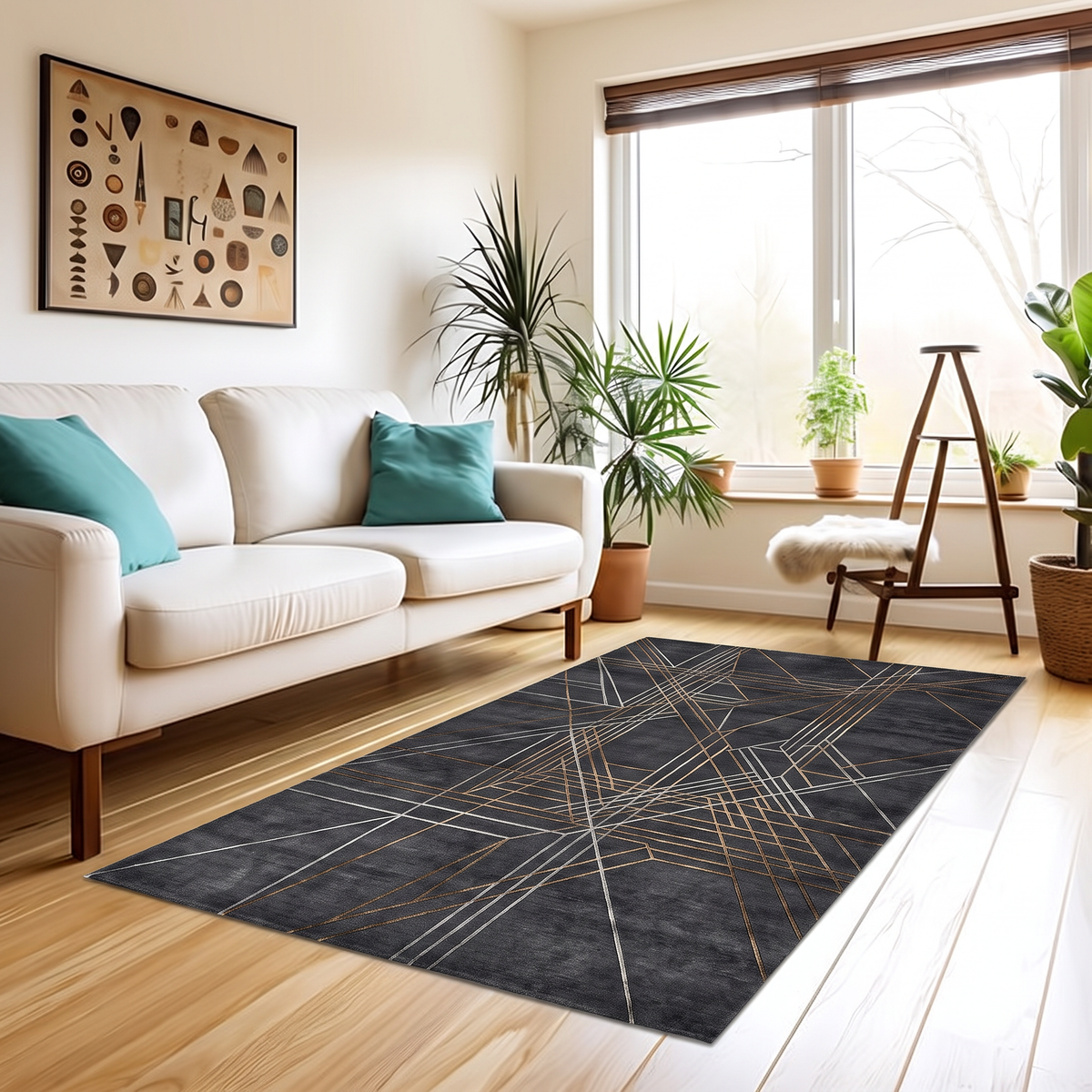 Charcoal Bronze Linear Web Rug, hand-knotted Indo-Nepali wool with fine silver-grey and bronze line geometry on a deep charcoal field, shown in a styled room