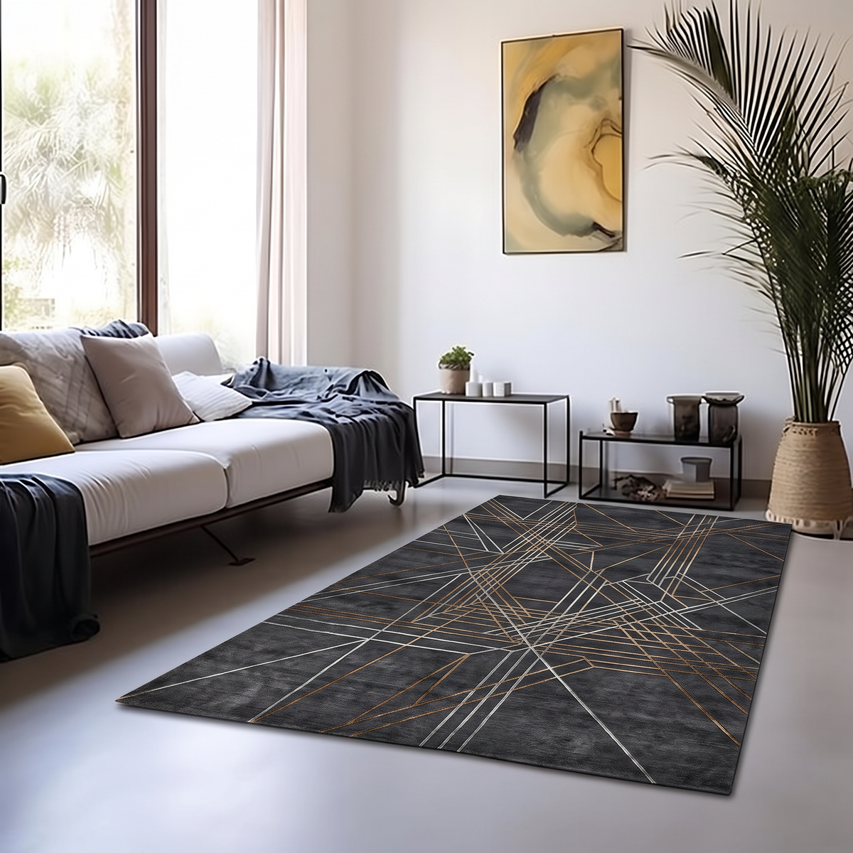 Charcoal Bronze Linear Web Rug, hand-knotted Indo-Nepali wool with fine silver-grey and bronze line geometry on a deep charcoal field, detail view