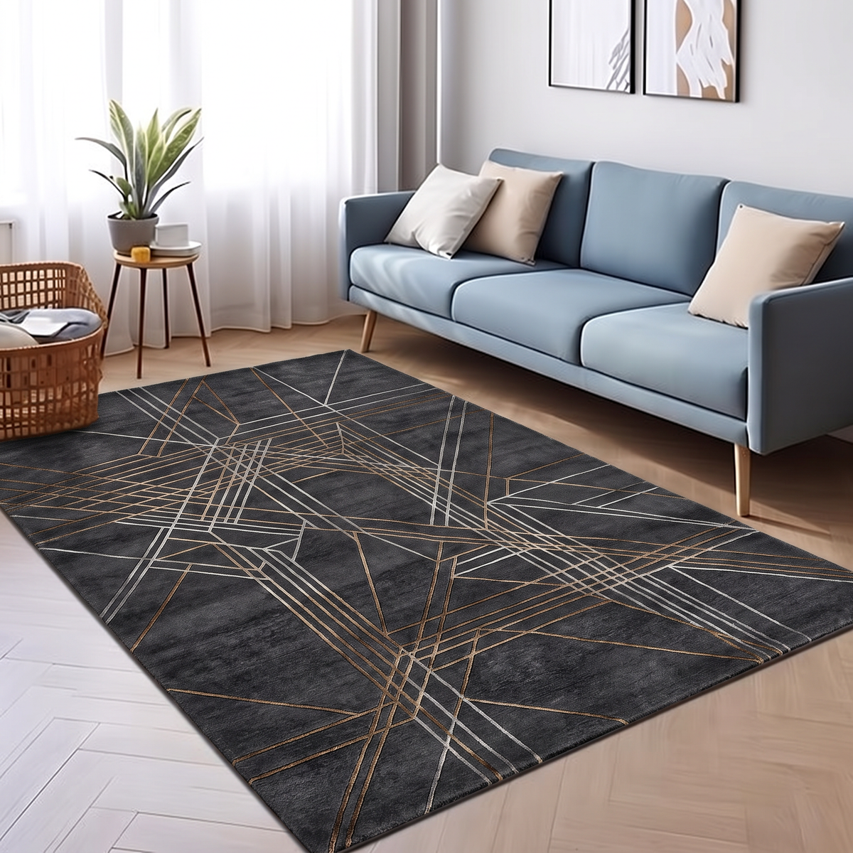 Charcoal Bronze Linear Web Rug, hand-knotted Indo-Nepali wool with fine silver-grey and bronze line geometry on a deep charcoal field