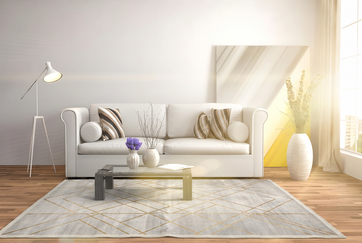 Pale Grey Gold Lattice Rug, hand-knotted Indo-Nepali wool with a fine gold diamond lattice on a soft pale grey and ivory field, detail view