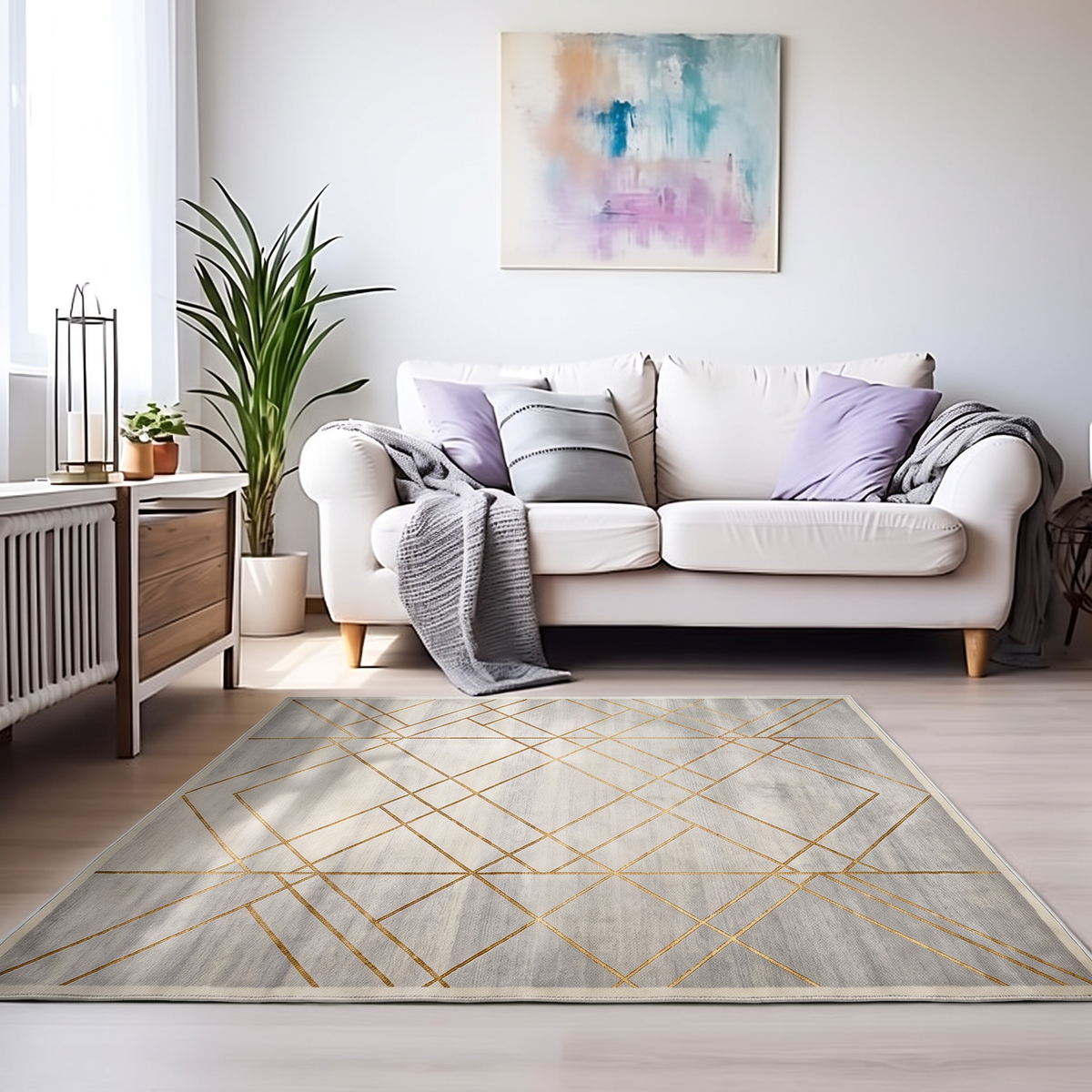 Pale Grey Gold Lattice Rug, hand-knotted Indo-Nepali wool with a fine gold diamond lattice on a soft pale grey and ivory field, second room view