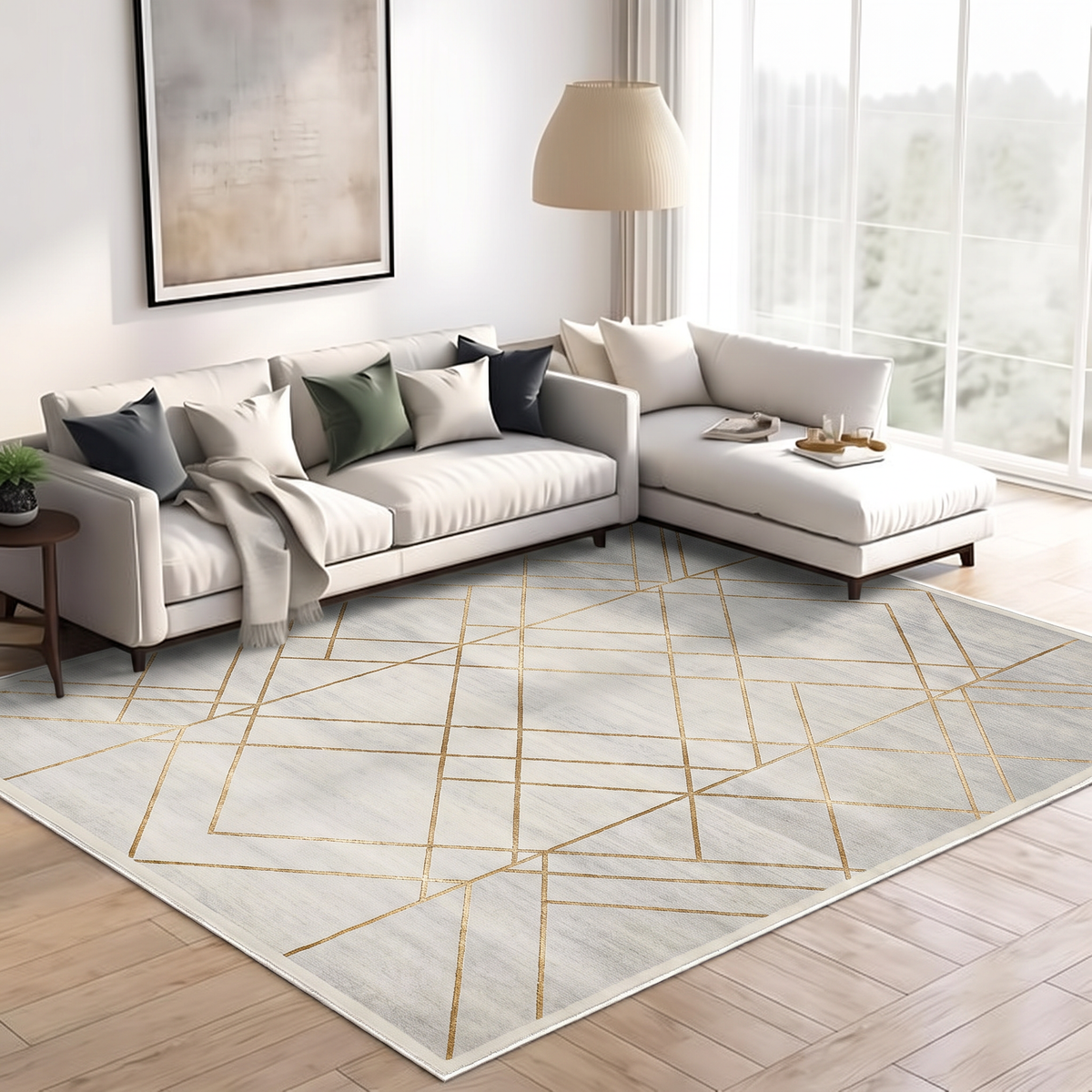 Pale Grey Gold Lattice Rug, hand-knotted Indo-Nepali wool with a fine gold diamond lattice on a soft pale grey and ivory field