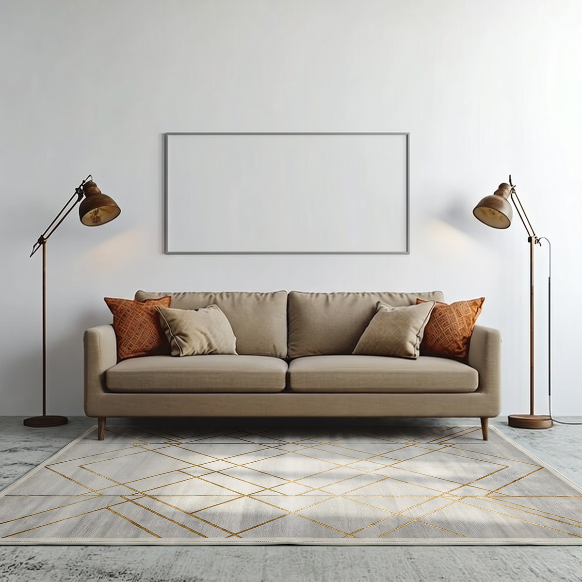 Pale Grey Gold Lattice Rug, hand-knotted Indo-Nepali wool with a fine gold diamond lattice on a soft pale grey and ivory field, alternate view