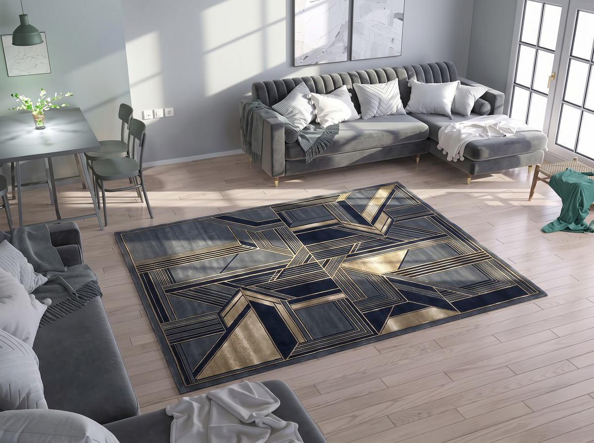 Navy Champagne Stepped Deco Rug, hand-knotted Indo-Nepali wool with stepped Art Deco panels in navy, slate blue and champagne gold, shown in a styled room