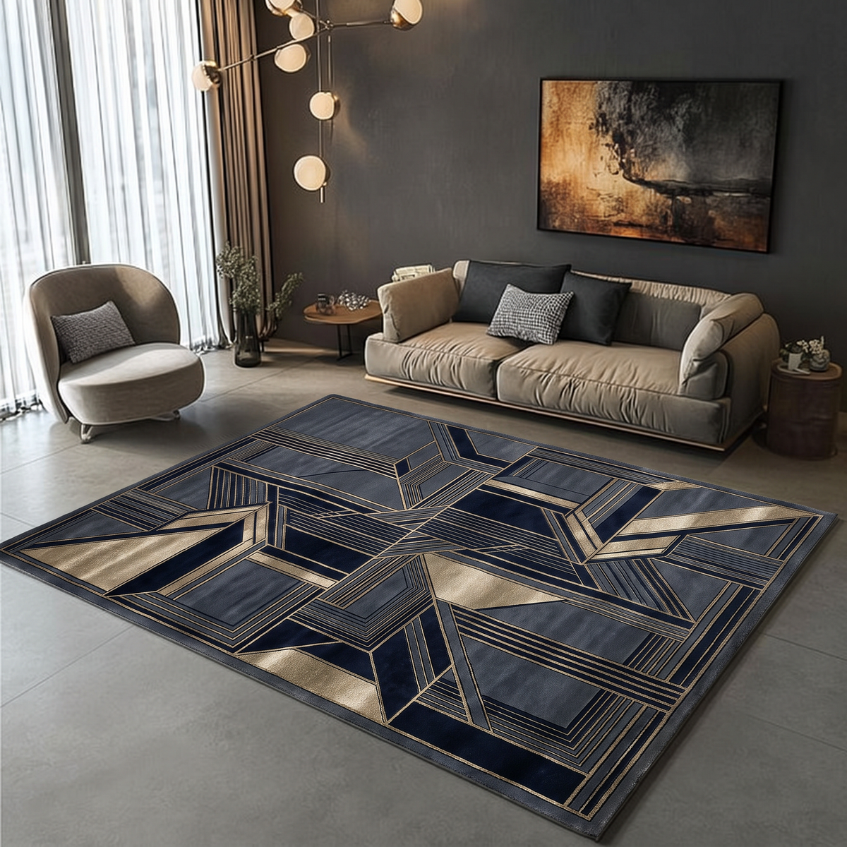Navy Champagne Stepped Deco Rug, hand-knotted Indo-Nepali wool with stepped Art Deco panels in navy, slate blue and champagne gold, second room view