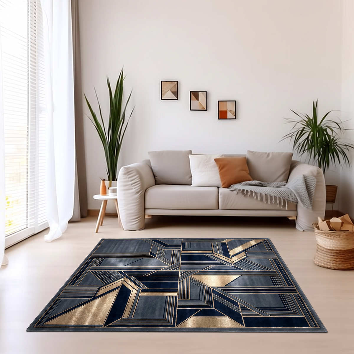 Navy Champagne Stepped Deco Rug, hand-knotted Indo-Nepali wool with stepped Art Deco panels in navy, slate blue and champagne gold, detail view