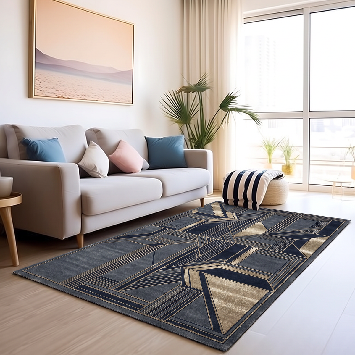 Navy Champagne Stepped Deco Rug, hand-knotted Indo-Nepali wool with stepped Art Deco panels in navy, slate blue and champagne gold
