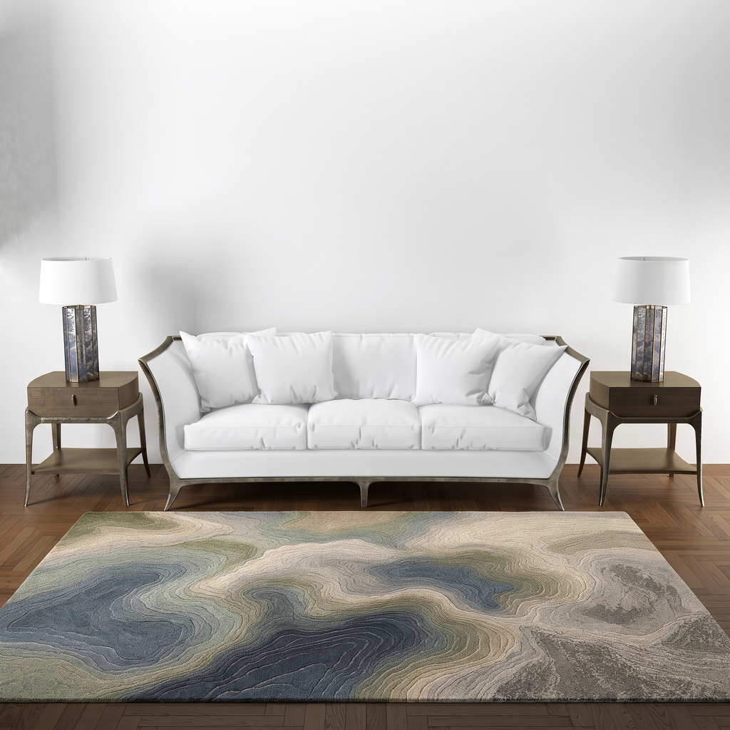 Soft Basin Contour Rug, hand-tufted wool rug, shown in a styled room