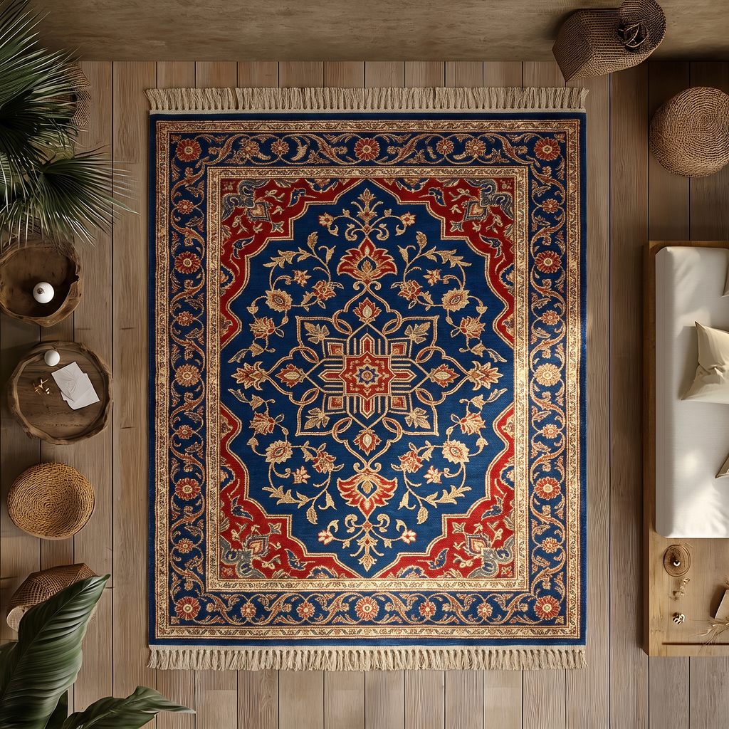 Navy Crimson Persian Medallion Rug, hand-tufted wool with crimson and gold medallion on deep navy
