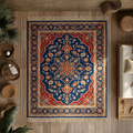 Navy Crimson Persian Medallion Rug, hand-tufted wool with crimson and gold medallion on deep navy