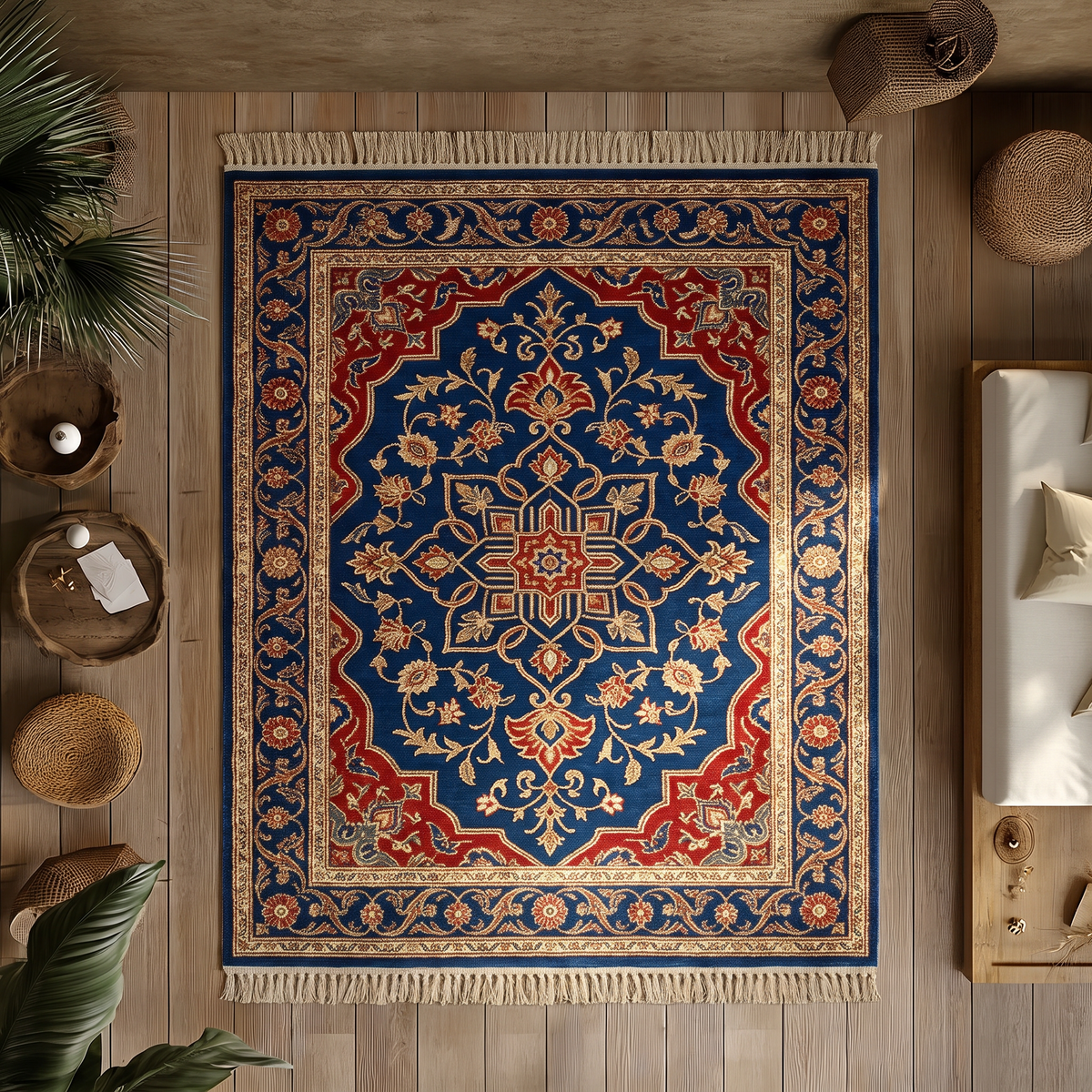 Navy Crimson Persian Medallion Rug, hand-tufted wool with crimson and gold medallion on deep navy