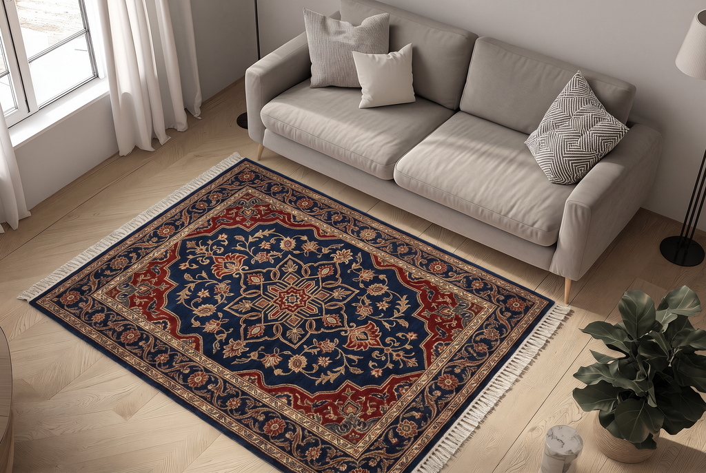 Navy Crimson Persian Medallion Rug, hand-tufted wool with crimson and gold medallion on deep navy, close-up view