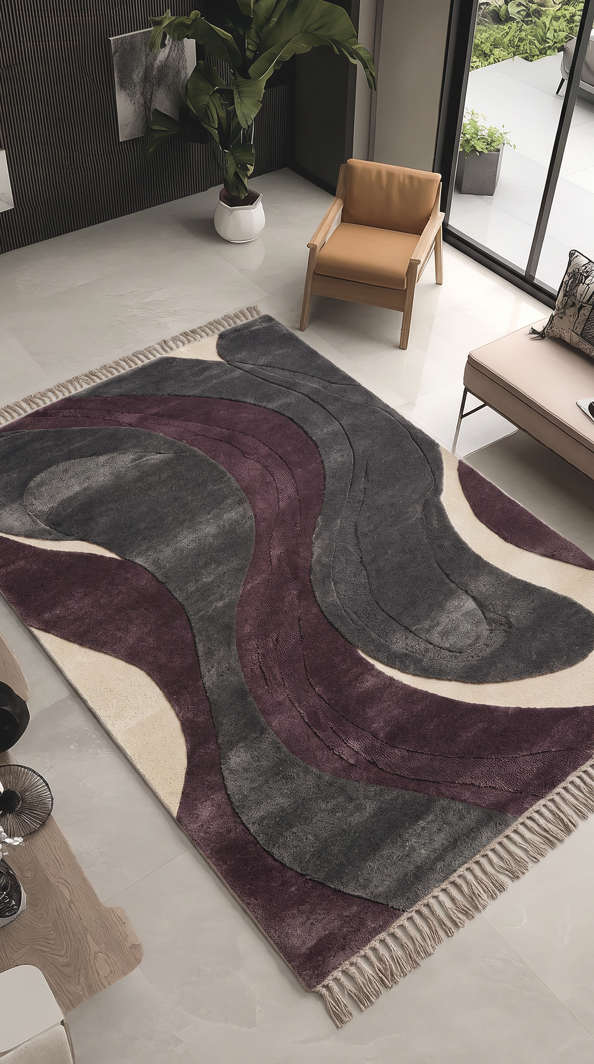 Plum Charcoal Wave Rug, hand-knotted Indo-Nepali wool with flowing charcoal and plum waves on ivory